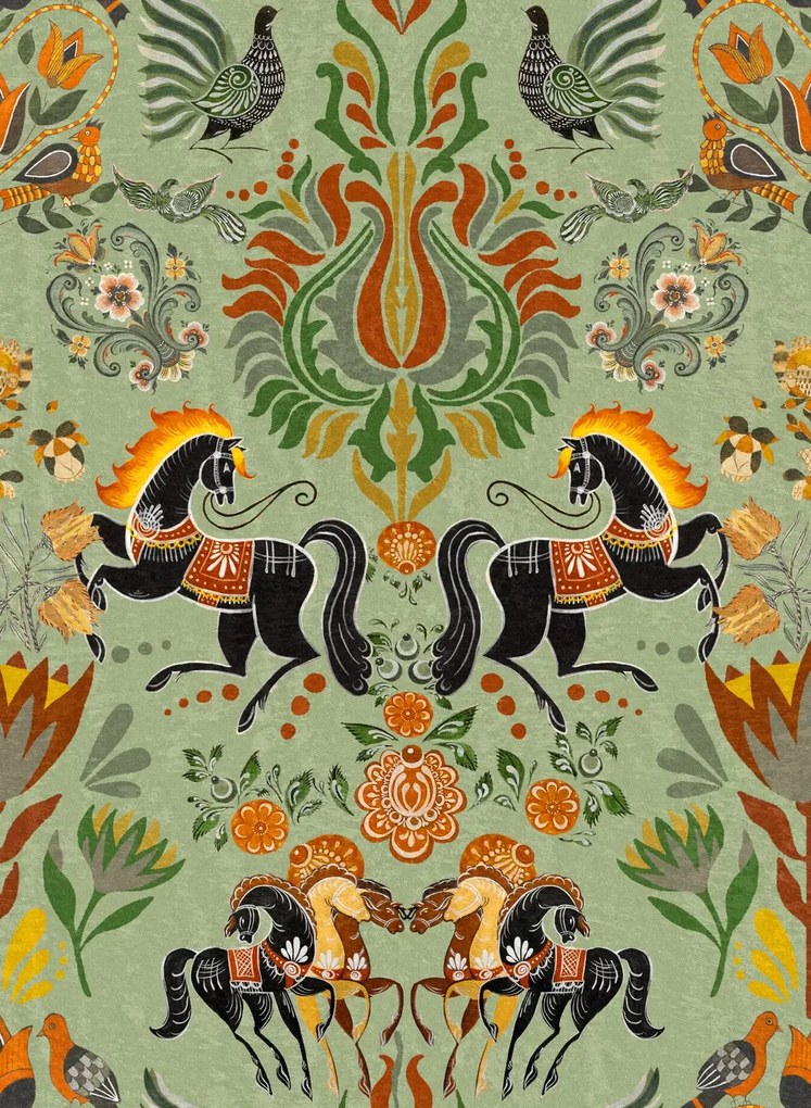 Mindthegap Carta da parati The Folk Parade - Black/ Green/ Taupe/ Red/ Yellow