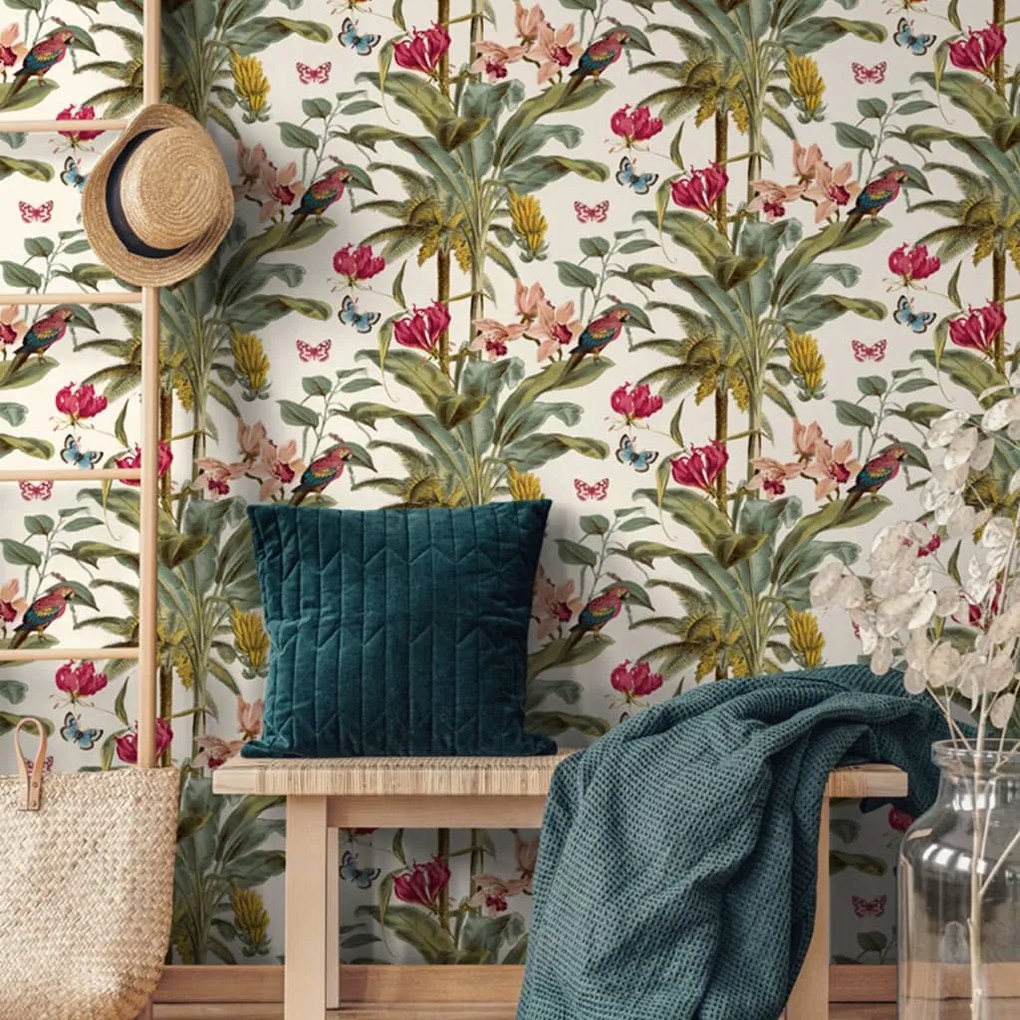 DUTCH WALLCOVERINGS Carta da Parati Tropical Palm Verde e Rosa