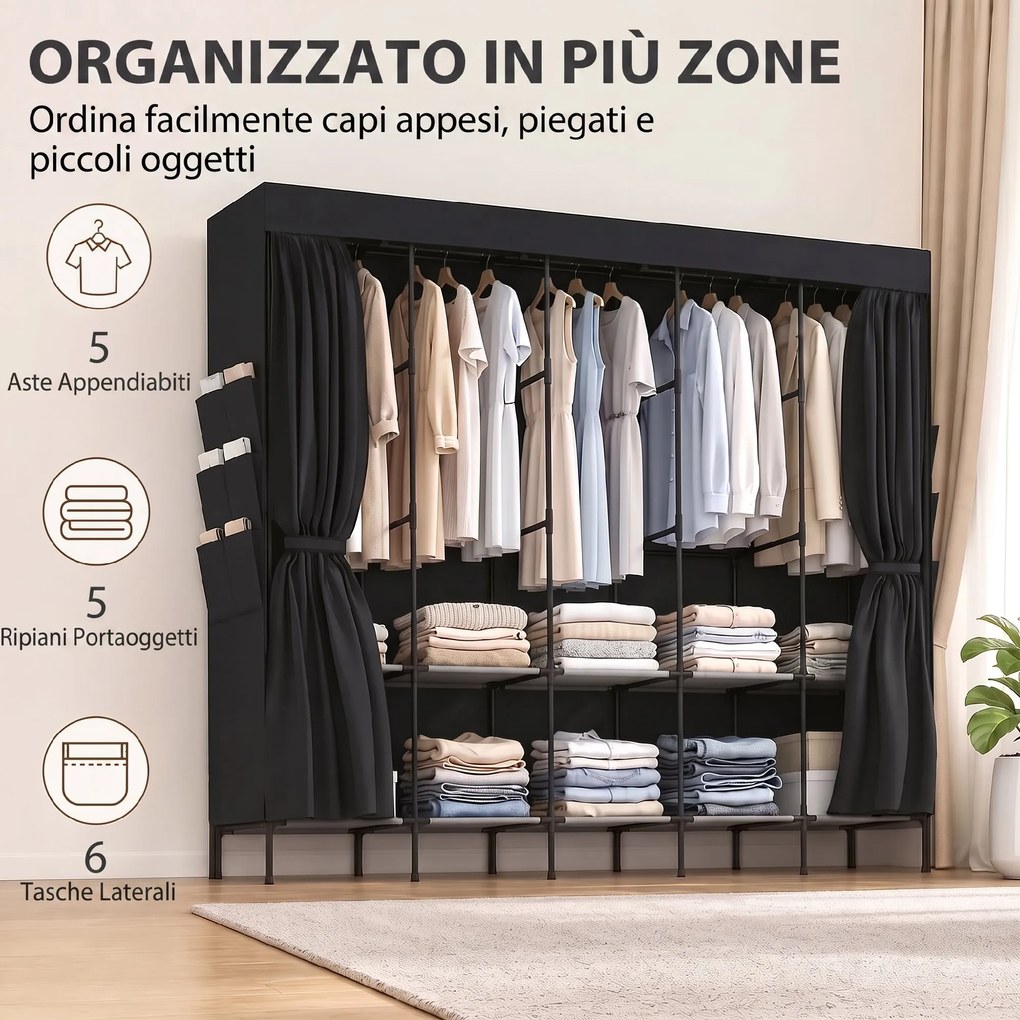 Armadio Salvaspazio 212x45x167 cm con 5 Aste 5 Ripiani 6 Tasche Laterali Ante Antipolvere con Zip in Tessuto Nero...