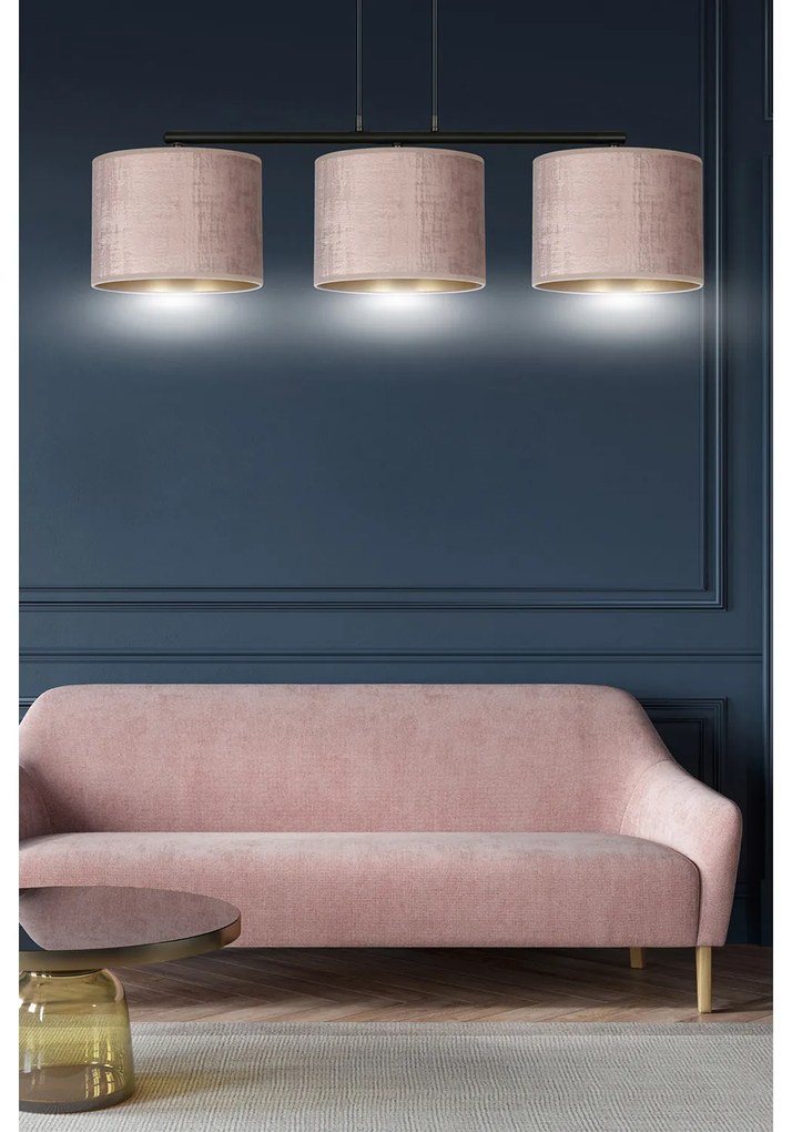 Lampadario 3 Luci Ganesha In Acciaio Nero E Paralumi In Tessuto Rosa