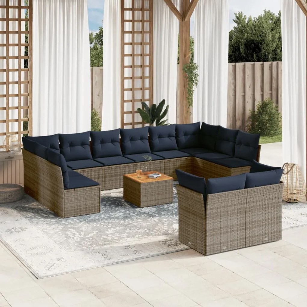 Set divani da giardino 13 pz con cuscini grigio in polyrattan