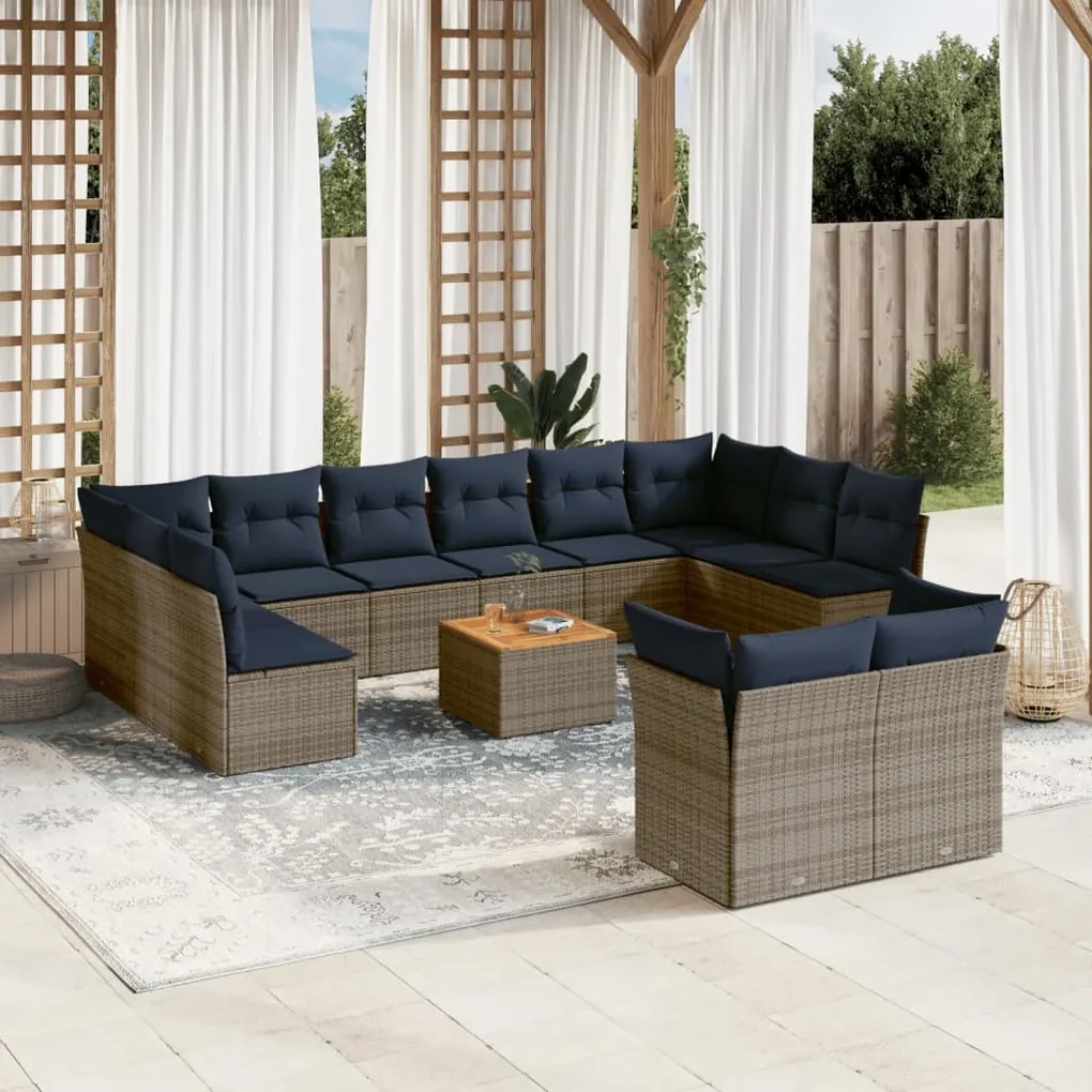 Set divani da giardino 13 pz con cuscini grigio in polyrattan