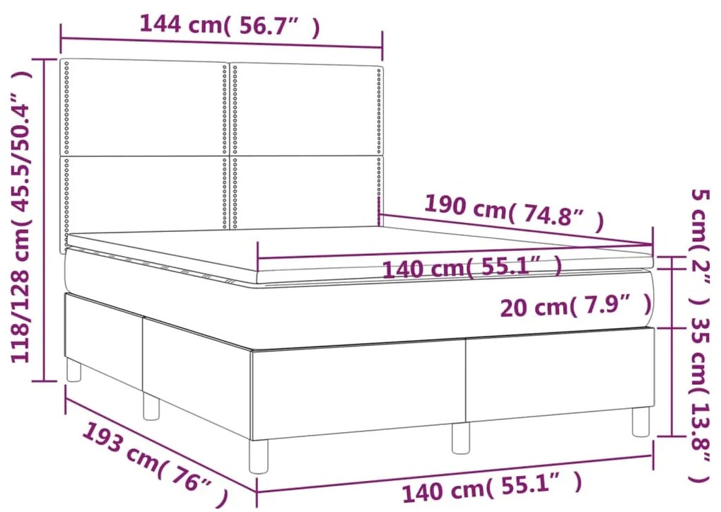 Letto a Molle con Materasso e LED Blu 140x190 cm in Tessuto