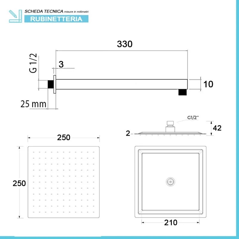 Set doccia nero opaco completo di soffione quadrato 25x25 cm, kit doccetta e miscelatore