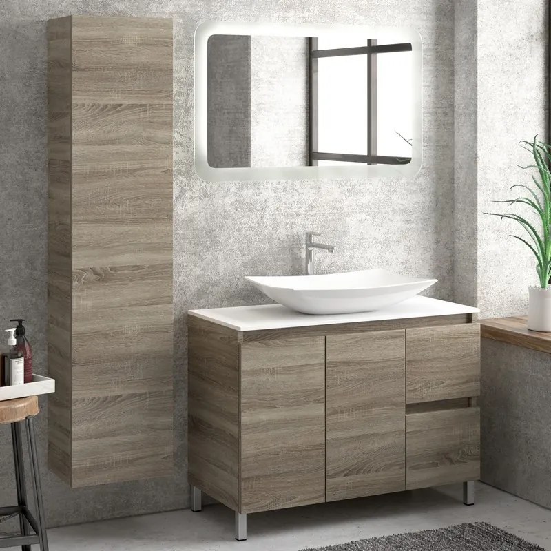 Composizione bagno 100cm a terra: mobile, specchio led e colonna TOD-100B - KAMALU