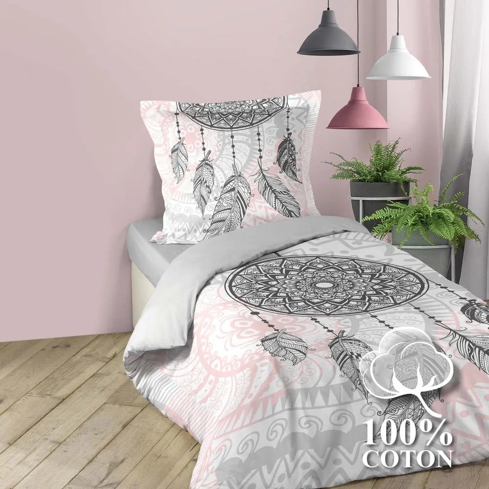 Biancheria da letto in cotone bianco e rosa per letto singolo 140x200 cm Namaste - douceur d'intérieur