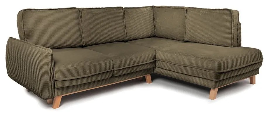 Divano angolare verde allungabile (con penisola a destra) con rivestimento in velluto a coste Tori – Bonami Selection