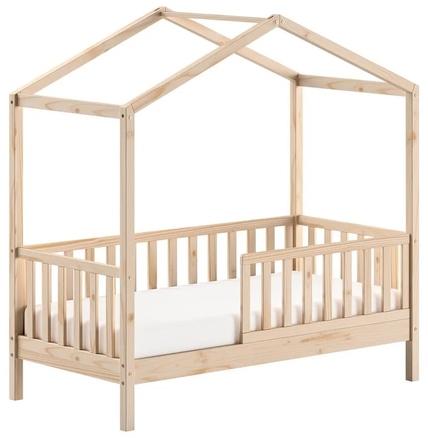 Letto da bambini a forma di casa di colore naturale in pino massiccio con rete inclusa 70x140 cm DALLAS – Vipack