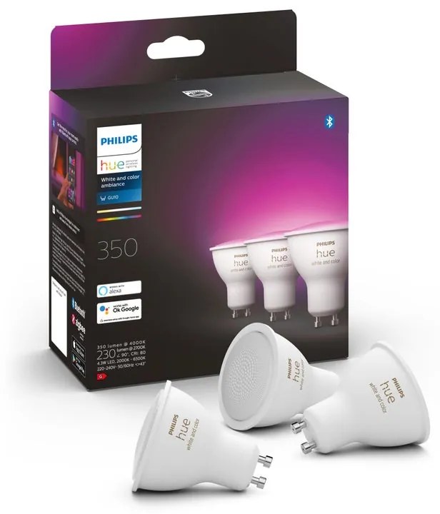 Set da 3 lampadine LED, GU10 faretto, opaco, cct, 4.3W= 350LM (equiv 50 W), 42° dimmerabile, PHILIPS HUE