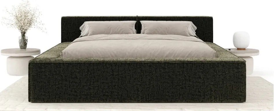 Letto matrimoniale imbottito verde scuro con contenitore e rete inclusi 140x200 cm Voliera – Maison de Rêve