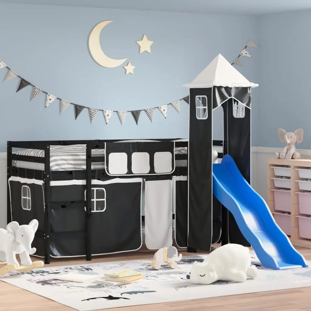 Letto A Soppalco Con Torre Bambini Bianco E Nero 80x200cm Pino /