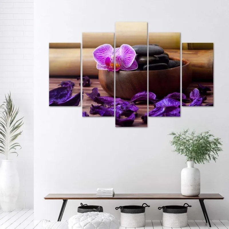 Quadri Quadro 5 pezzi Stampa su tela Pietre termali Zen Orchid  Dimensioni 100x70