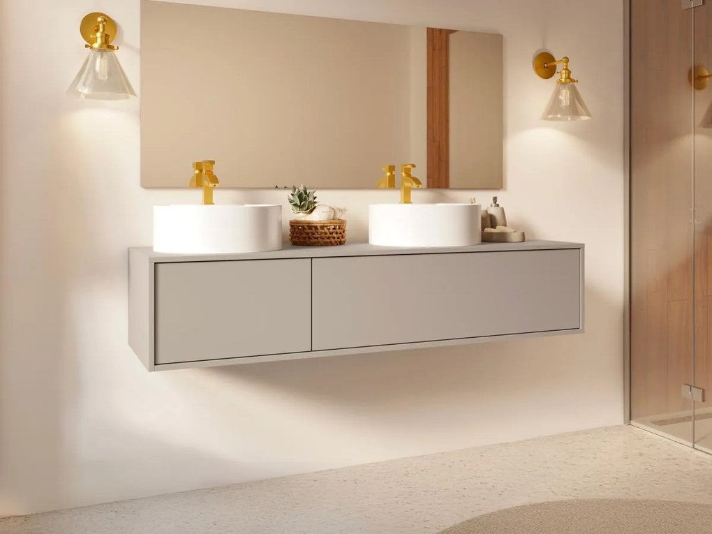 Mobile bagno sospeso color beige con doppio lavabo rotondo - L150 cm - ISAURE II