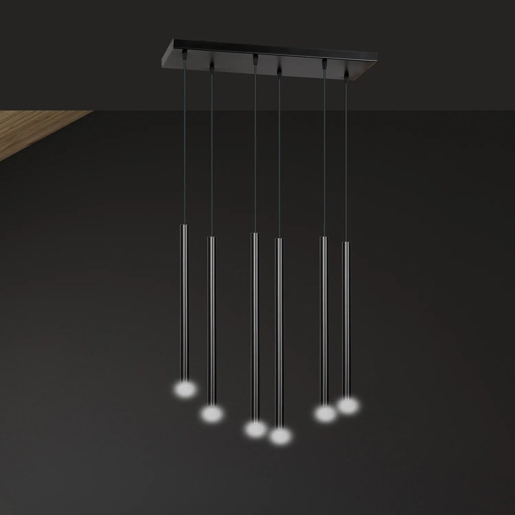 Lampadario 6 Luci Moderno Shu Acciaio Nero E Paralumi A Cilindri Sottili