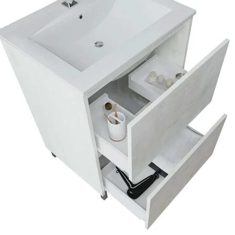 Mobile bagno a terra 60 rovere bianco con lavabo e specchio LED Lisbona