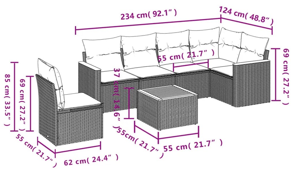 Set divani da giardino con cuscini 7pz nero polyrattan