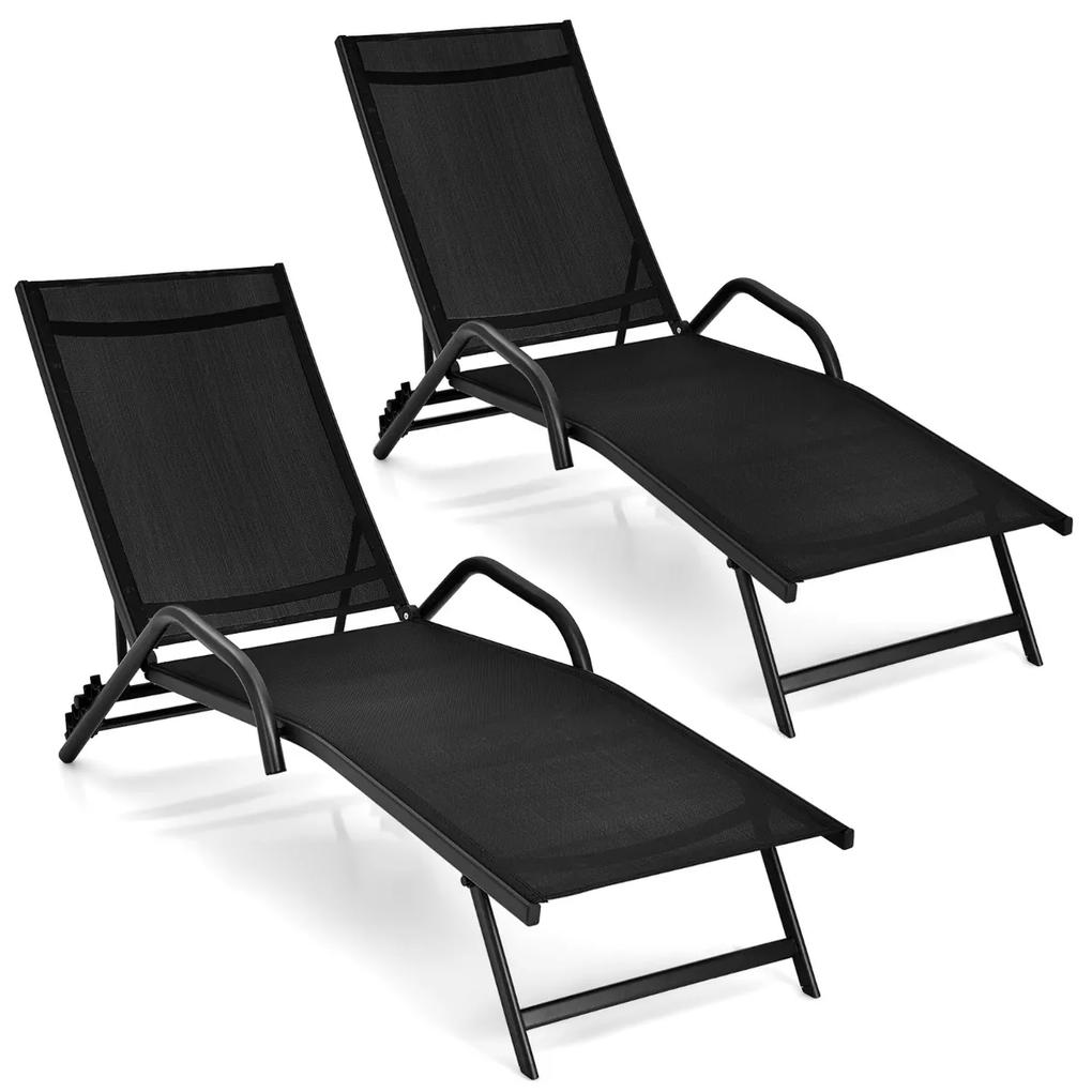 Costway Set di 2 chaise longue da esterno con sedile traspirante, Sedie a sdraio reclinabili in 5 posizioni Nero