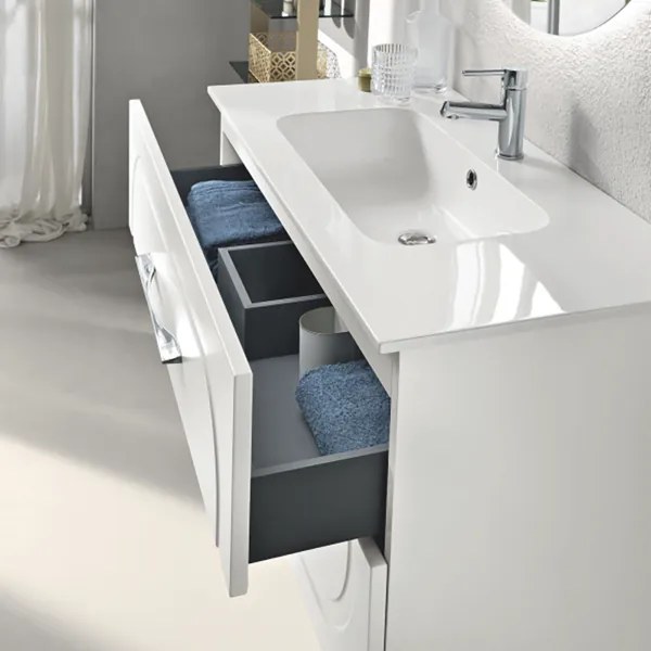 Mobile da bagno a terra moderno con base 100 CASPIO con 2 cassetti e lavabo BIANCO OPACO