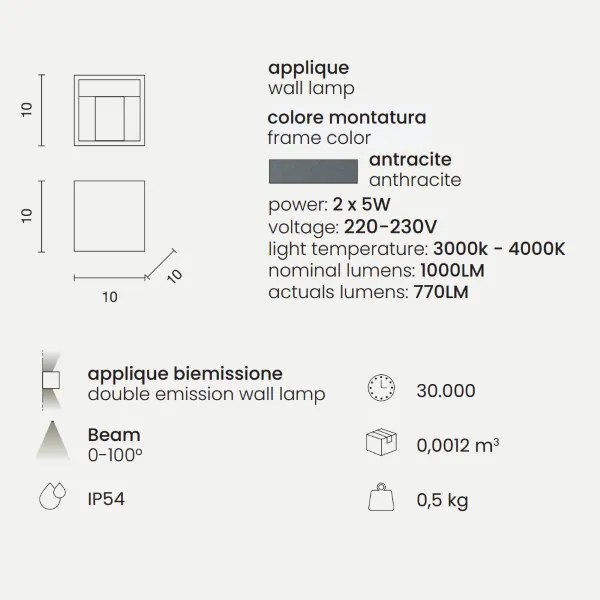 Applique in alluminio per esterni 10x10 cm Antracite con alette regolabili CUBE
