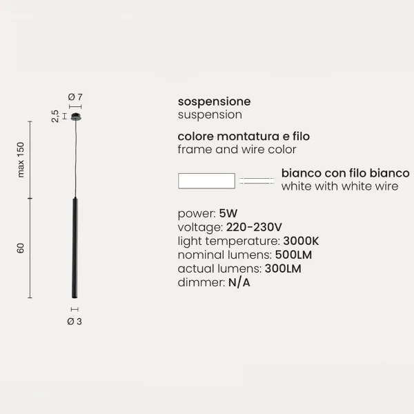 Lampada a sospensione TUBE in metallo D3 cm con fonte luminosa a LED BIANCO