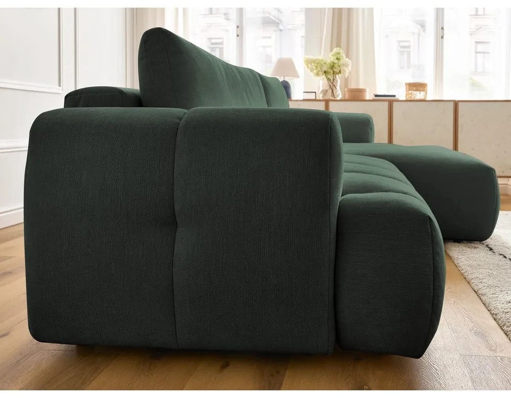 Divano angolare verde allungabile e con contenitore (penisola a destra/chaise lounge) con rivestimento in ciniglia Fuji – Bobochic Paris