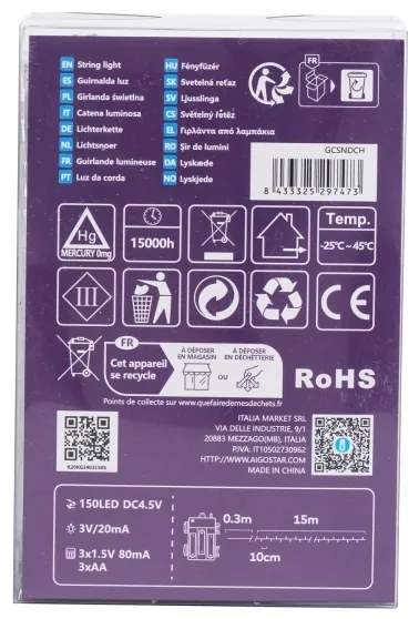 Aigostar - Catena luminosa da esterno LED, 150 LED, 8 funzioni, 3x AA, 15,3 m, IP44, multicolore