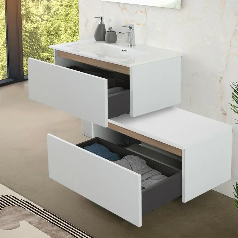 Mobile bagno sospeso 80 cm bianco e rovere con cassetto sfalsato Kleo