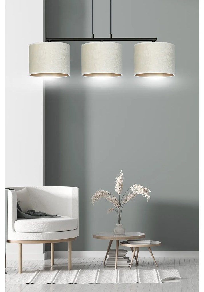 Lampadario 3 Luci Ganesha In Acciaio Nero E Paralumi In Tessuto Beige