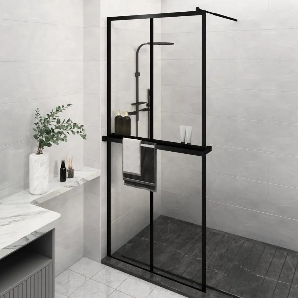 Parete Doccia Con Mensola Nera 100x195 Cm Vetro Esg E Alluminio /