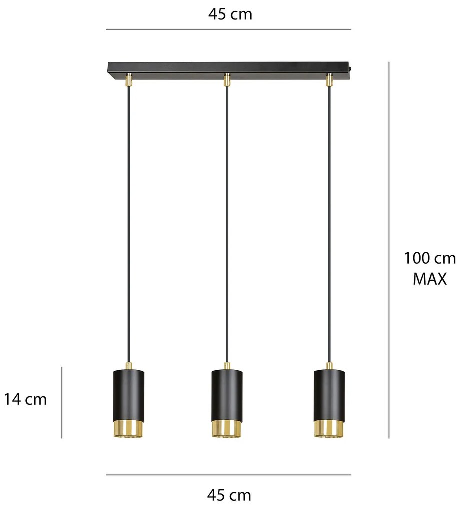 Lampadario 3 Luci Ivar Con Cilindri In Acciaio Nero E Oro