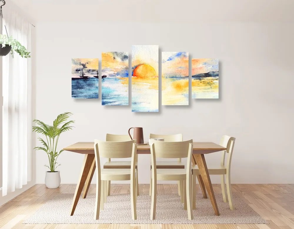 Quadri 5 pezzi – Tramonto brillante sul mare