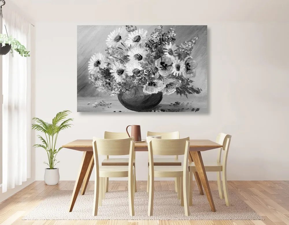 Stampa su tela – Dipinto a olio di fiori estivi in bianco e nero