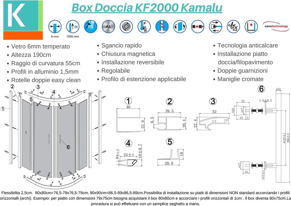 Box doccia semicircolare 90x90 vetro satinato anticalcare KF2000 - KAMALU