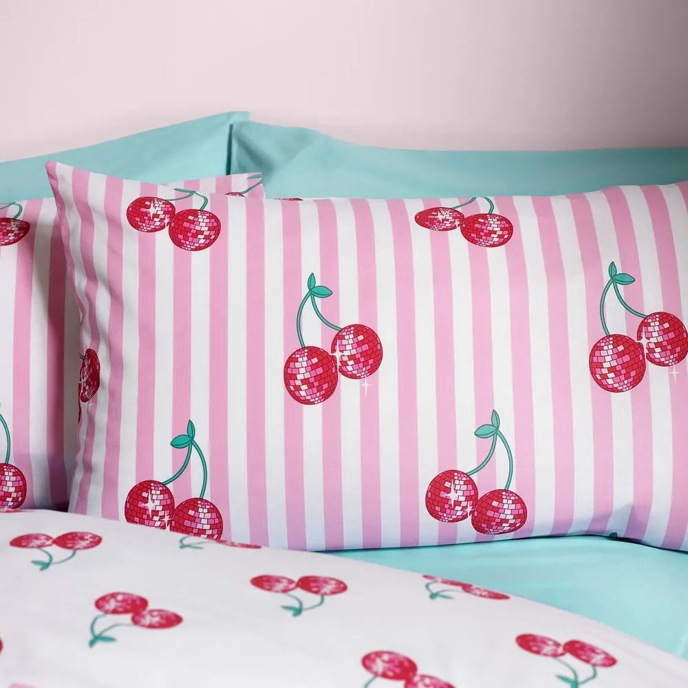 Set copripiumino e federa bianco e rosa per letto matrimoniale e per letto esteso 230x220 cm Disco Cherries Stripes – Catherine Lansfield
