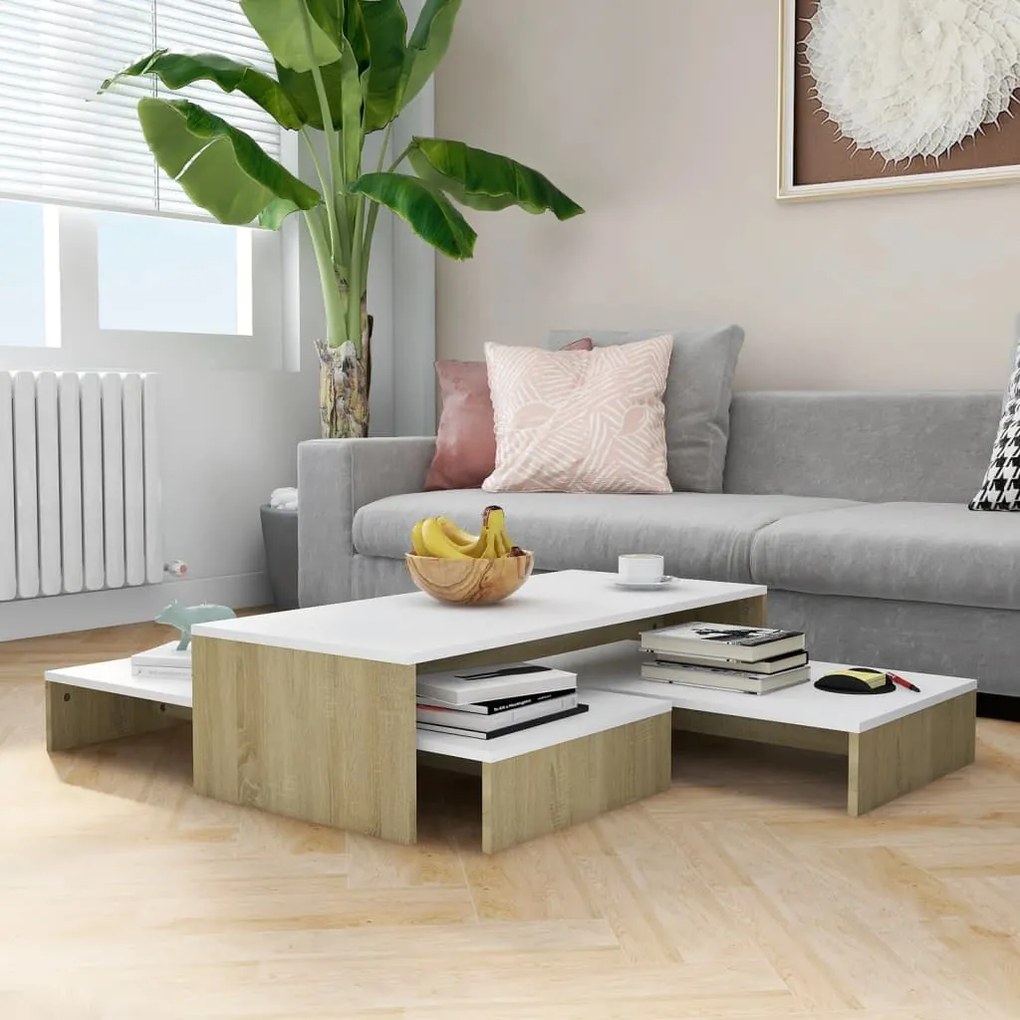 Set Tavolini Ad Incastro Bianco E Rovere Sonoma 100x100x26,5 Cm /