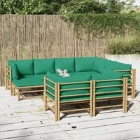 Set Salotto da Giardino 10pz con Cuscini Verdi Bamb