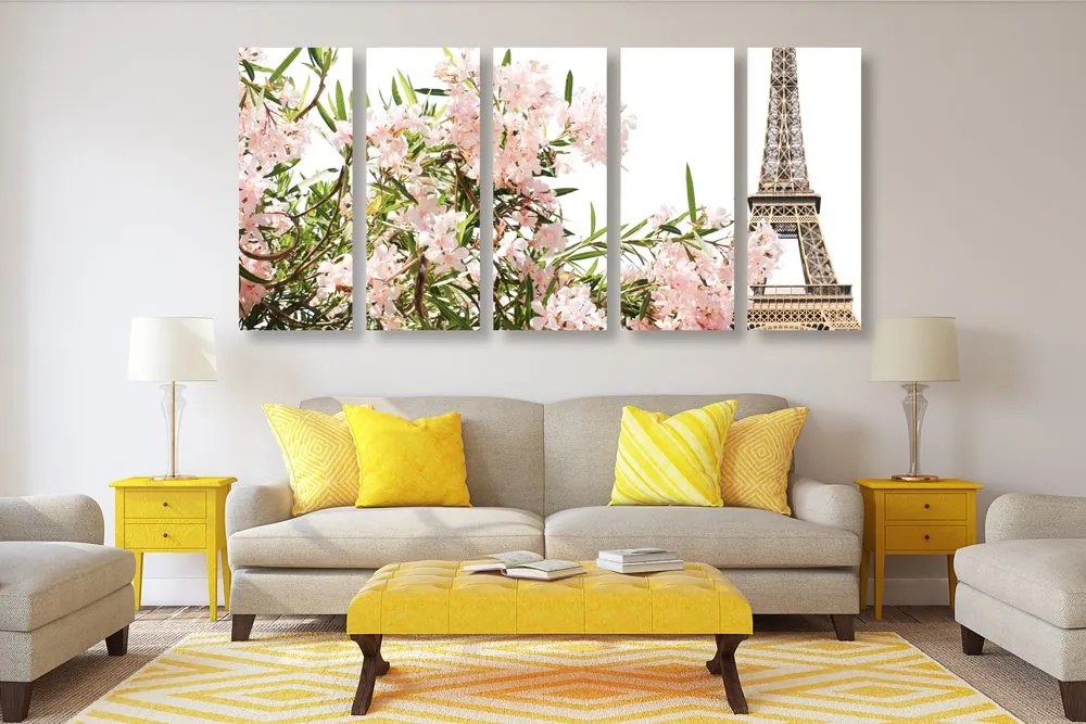 Quadri 5 pezzi – Torre Eiffel e fiori rosa