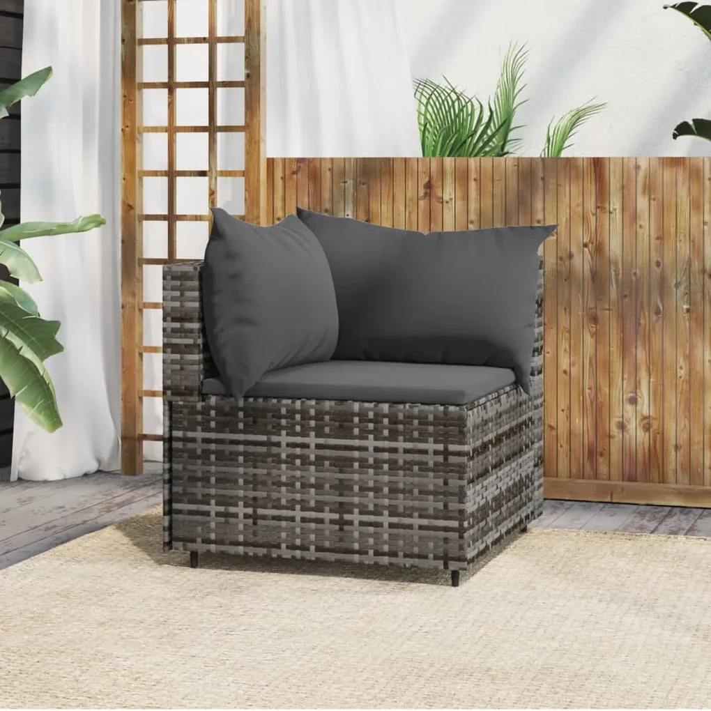Divano angolare da giardino con cuscini in polyrattan grigio