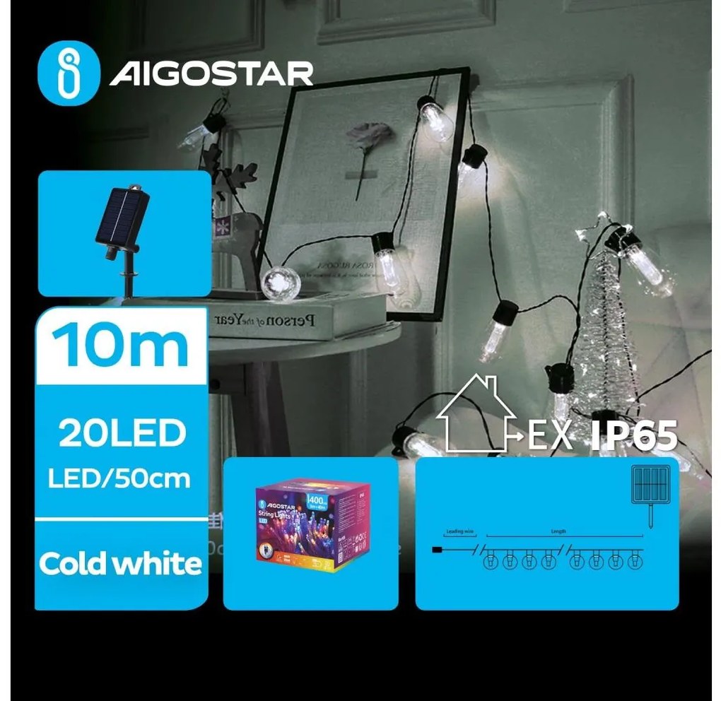 Aigostar - Catena di Natale solare a LED 20xLED/8 funzioni 11,5m IP65 bianco freddo