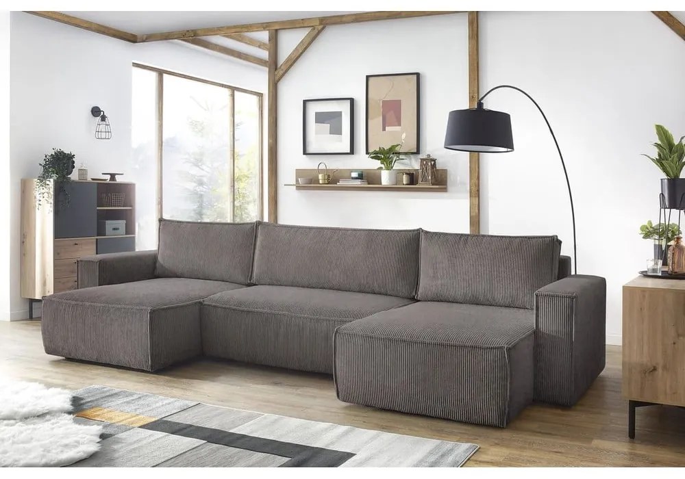 Divano letto angolare a "U" in velluto a coste grigio scuro Nihad - Bobochic Paris