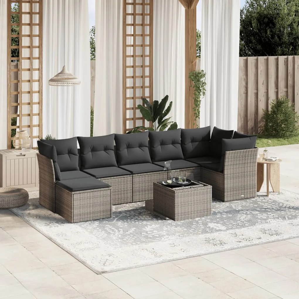 Set divano da giardino 8pz con cuscini grigio chiaro polyrattan