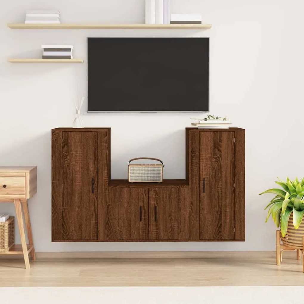 Set Mobili Porta TV 3 pz Rovere Marrone in Legno Multistrato