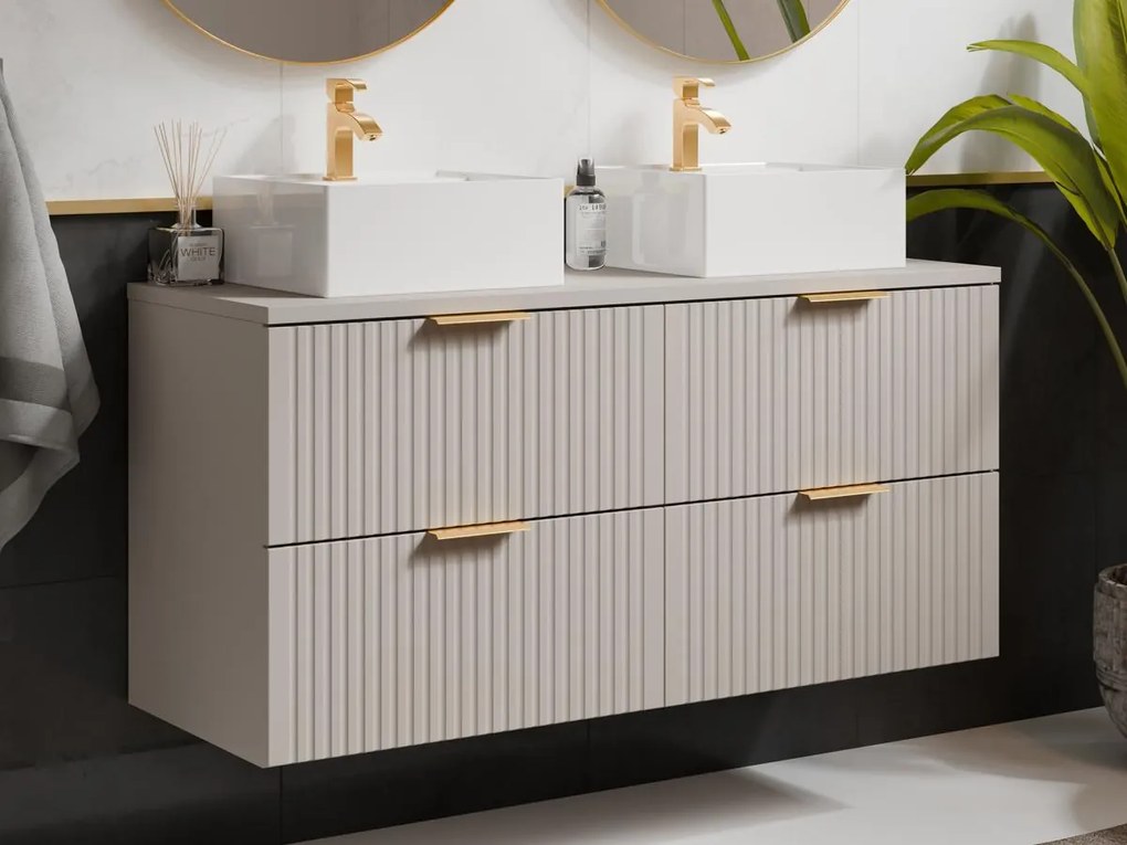 Mobile per bagno sospeso con scanalature e lavabo doppio da appoggio quadrato L120 cm Beige - ZEVARA