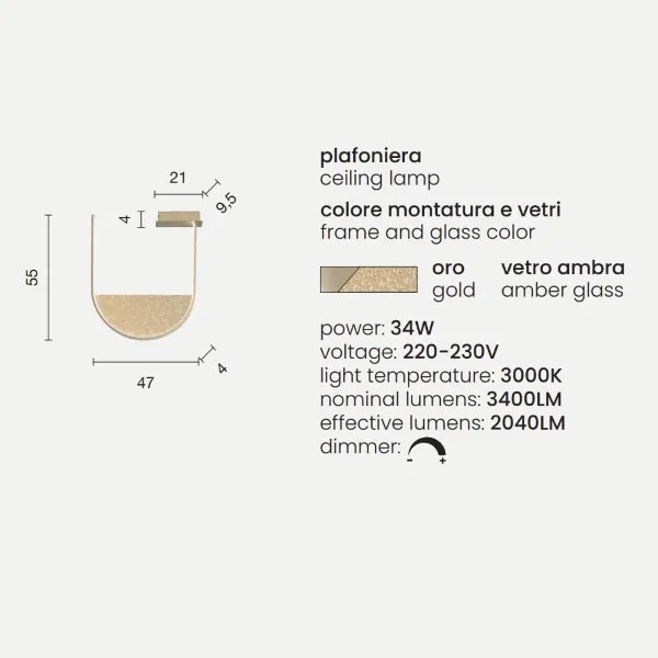 Plafoniera LOTUS con inserto amovibile in vetro granigliato ORO 55x47 cm