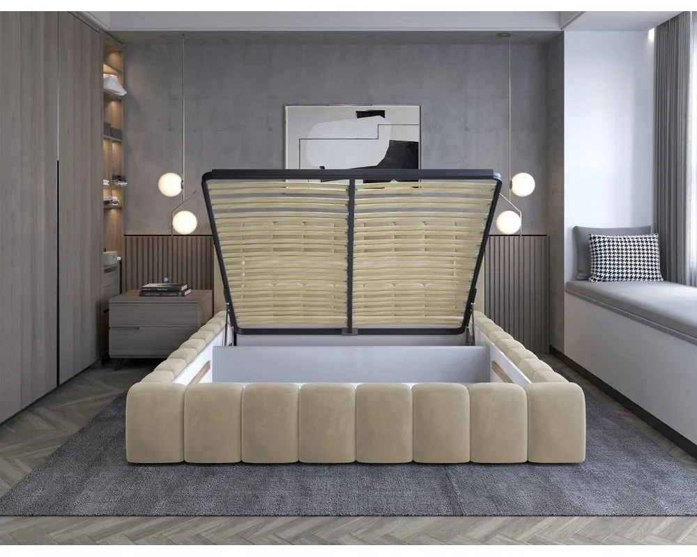 Letto matrimoniale imbottito beige con contenitore con rete inclusa 180x200 cm Lamica – ELTAP