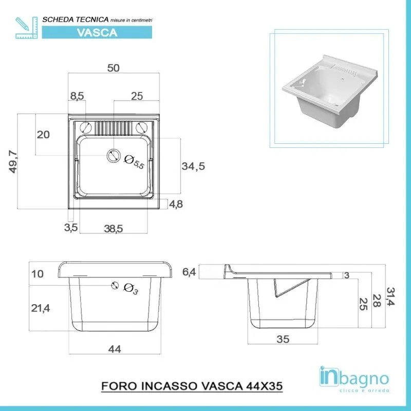 Mobile Lavatoio in Kit 50x50 cm con Vasca in Resina colore Bianco