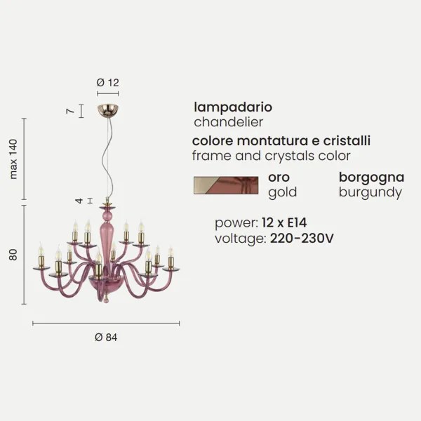 Lampada a sospensione PAGANINI a 12 LUCI in vetro lavorato a mano 140 cm BORGOGNA