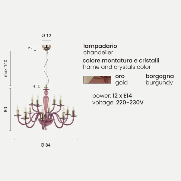 Lampada a sospensione PAGANINI a 12 LUCI in vetro lavorato a mano BORGOGNA