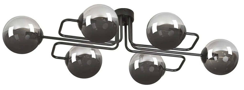 Plafoniera 6 Luci Brandi In Acciaio Nero E Sfere In Vetro Fumè