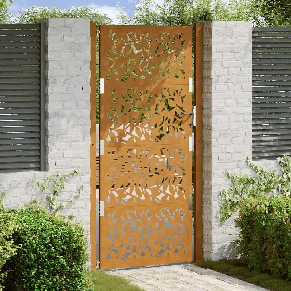 Cancello Da Giardino 105x205 Cm Acciaio Corten Design A Foglia /